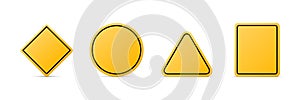 Vector Yellow Warning, Danger Stop Sign Frame Icon Set Isolated. Rhombus, Circle, Triangle, Rectangle Dangerous Sign