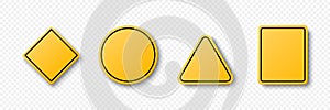 Vector Yellow Warning, Danger Stop Sign Frame Icon Set Isolated. Rhombus, Circle, Triangle, Rectangle Dangerous Sign