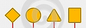 Vector Yellow Warning, Danger Stop Sign Icon Set Isolated. Rhombus, Circle, Triangle, Rectangle Dangerous Sign