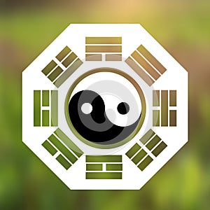 Vector Yin and Yang Symbol and Eight Trigrams on a Natural Background