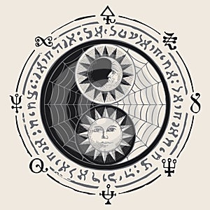 Yin yang symbol with sun, moon, runes and cobweb