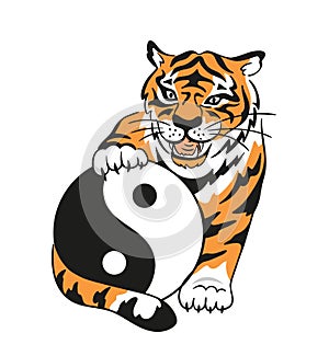 Vector yin yang symbol with tiger and chinese characters - `tai Chi Chuan`. Abstract occult and mystic sign.