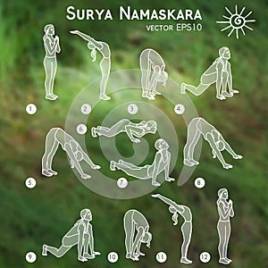 Vector yoga illustration. Surya Namaskara. Yoga set.