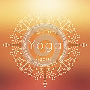 Vector yoga illustration. Yoga poster with floral ornament and blurred backdrop. Identity design for yoga studio, yoga center or c