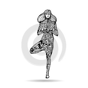 Vector yoga illustration in zentangle style. Girl in yoga pose.