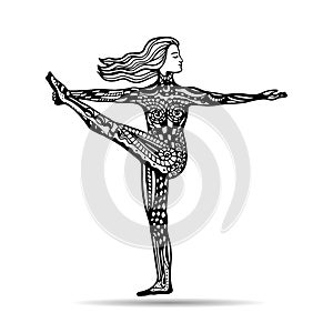 Vector yoga illustration in zentangle style. Girl in yoga pose.