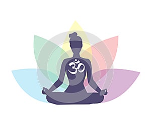 Vector yoga and meditation logo illustration with woman silhouette and lotus flower