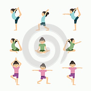 Vector yoga set illustration. girl yoga exercises. in lesson