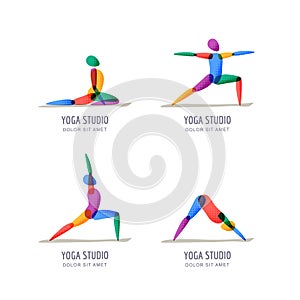 Vector yoga studio logo, emblem design template. Colorful female silhouette in different yoga poses, isolated icons set