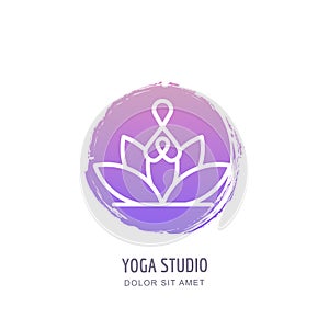 Vector yoga studio logo, emblem, label design template. Abstract human in lotus position on watercolor circle background