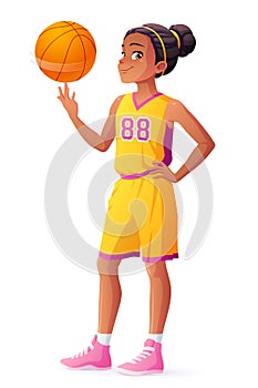 Vector young African basketball player girl spinning ball on finger.