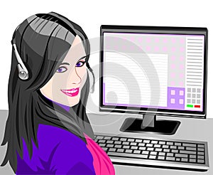 vector Young beautiful girl telephone operator