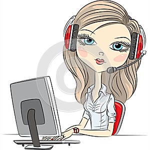 Vector young beautiful girl telephone operator