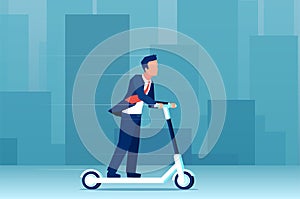 Vector of a young business man riding an electric scooter on a modern cityscape background