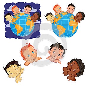 Vector young children of with different skin color located around the globe.