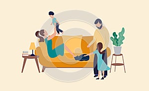 Vector Young Family at Home, Spending Weekend Indoors Happy Parents with Their Children, Colorful Background Graphic.