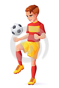 Vector young football or soccer player boy juggling with ball.