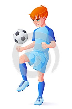 Vector young football or soccer player boy juggling with ball.