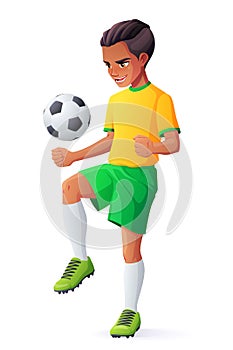 Vector young football or soccer player boy juggling with ball.