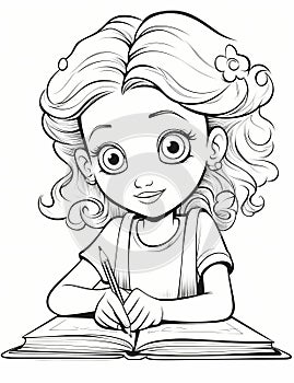 Vector young girl book reading lover. cartoon coloring book page for kids