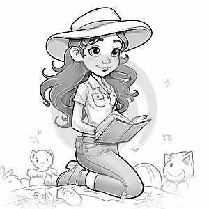 Vector young girl book reading lover. cartoon coloring book page for kids