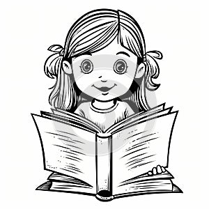 Vector young girl book reading lover. cartoon coloring book page for kids