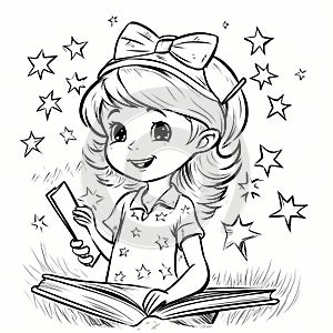 Vector young girl book reading lover. cartoon coloring book page for kids