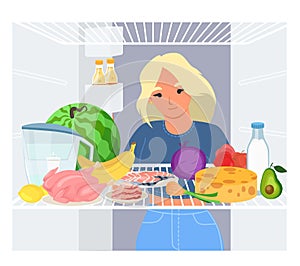 Vector young girl looking inside opened refrigerator