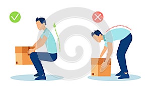 Vector of a young man lifting up a heavy box in a safe and unsafe way for his back photo