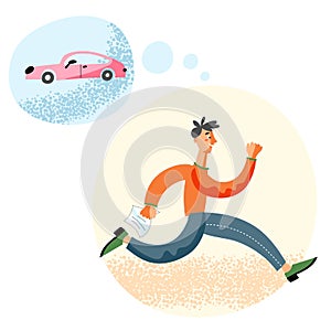 Vector young man running dreaming about car buy