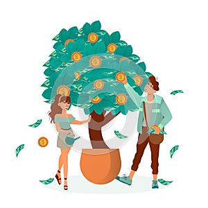 Vector of a young man and woman watering and picking cash from a money tree