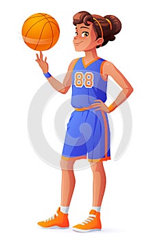 Vector young pretty basketball player girl spinning ball on finger.