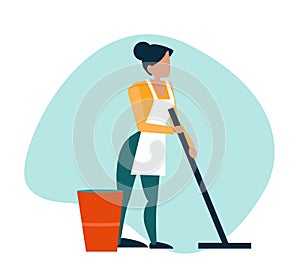 Vector of a young woman cleaning mopping floor