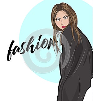 Vector young woman in coat. Fashion illustration. Stylish clothing outfit. Fashion look. Sketch