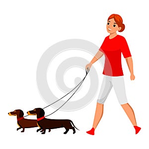 Vector young woman pet owner character walking with dog. Active doggy playing. Lady with canine animal on nature