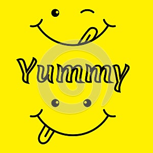 Vector yummy emoticon with tongue licking mouth isolated in yellow background