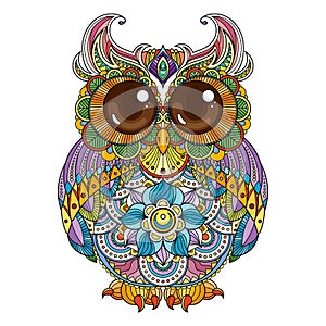 Vector zendoodle ornate owl illustration. Picture for coloring pages, printing and antistress books. photo