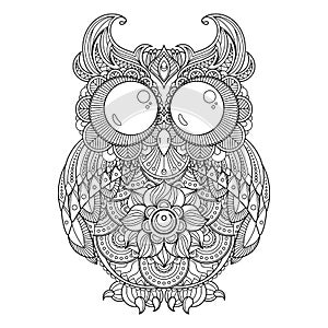 Vector zendoodle ornate owl illustration. Picture for coloring pages, printing and antistress books. photo