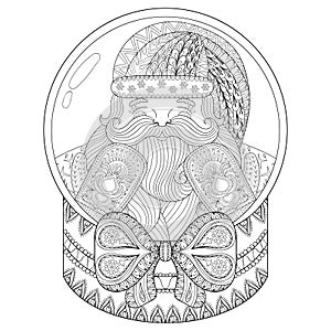 Vector zentangle Christmas snow globe with Santa Claus. Hand drawn snowglobe for adult coloring book, pages, art therapy.