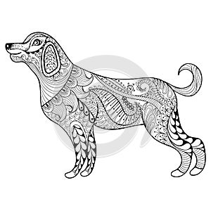 Vector zentangle dog print for adult coloring page. Hand drawn a