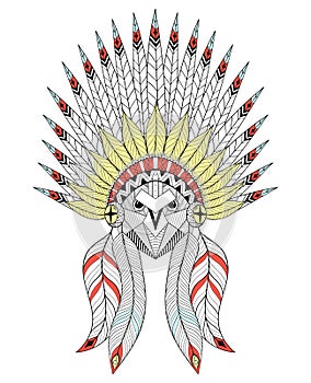 Vector zentangle Owl with War Bonnet. American native headdress