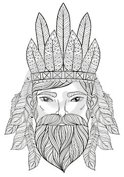 Vector zentangle Portrait of Man with Mustache, beard, war bonnet with feathers for adult coloring pages, tattoo art, ethnic