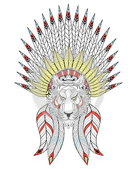 Vector zentangle Tiger with War Bonnet. American headdress with