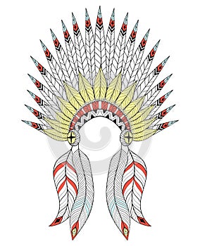 Vector zentangle War Bonnet with color feathers. American native