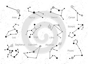 Vector Zodiac Constellations Set set of 12 signs Aries,Taurus,Gemini, Cancer, Leo, Virgo, Libra, Scorpio, Sagittarius