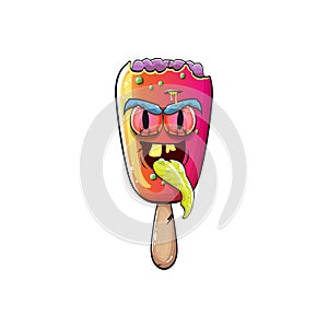 Vector Zombie ice cream with brain and red eyes isolated on white background. Halloween pink monster ice cream zombie