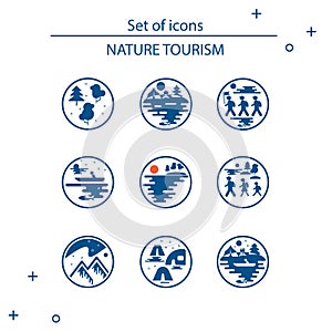 Vectorial clip art style flat design. Icons of tourism in nature, the family goes on a hike, a fisherman in a boat