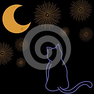 Vectorial illustration of a cat staring at fireworks and moon. Concept for International cat day