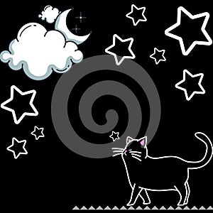 Vectorial illustration of a cat walking under the stars on Black background. Concept for International cat day photo