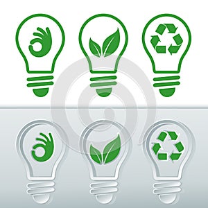 Vectorized icon sets for renewable energies. Light bulbs with icons of clean energies, bulb with leaf, bulb with recycling symbol